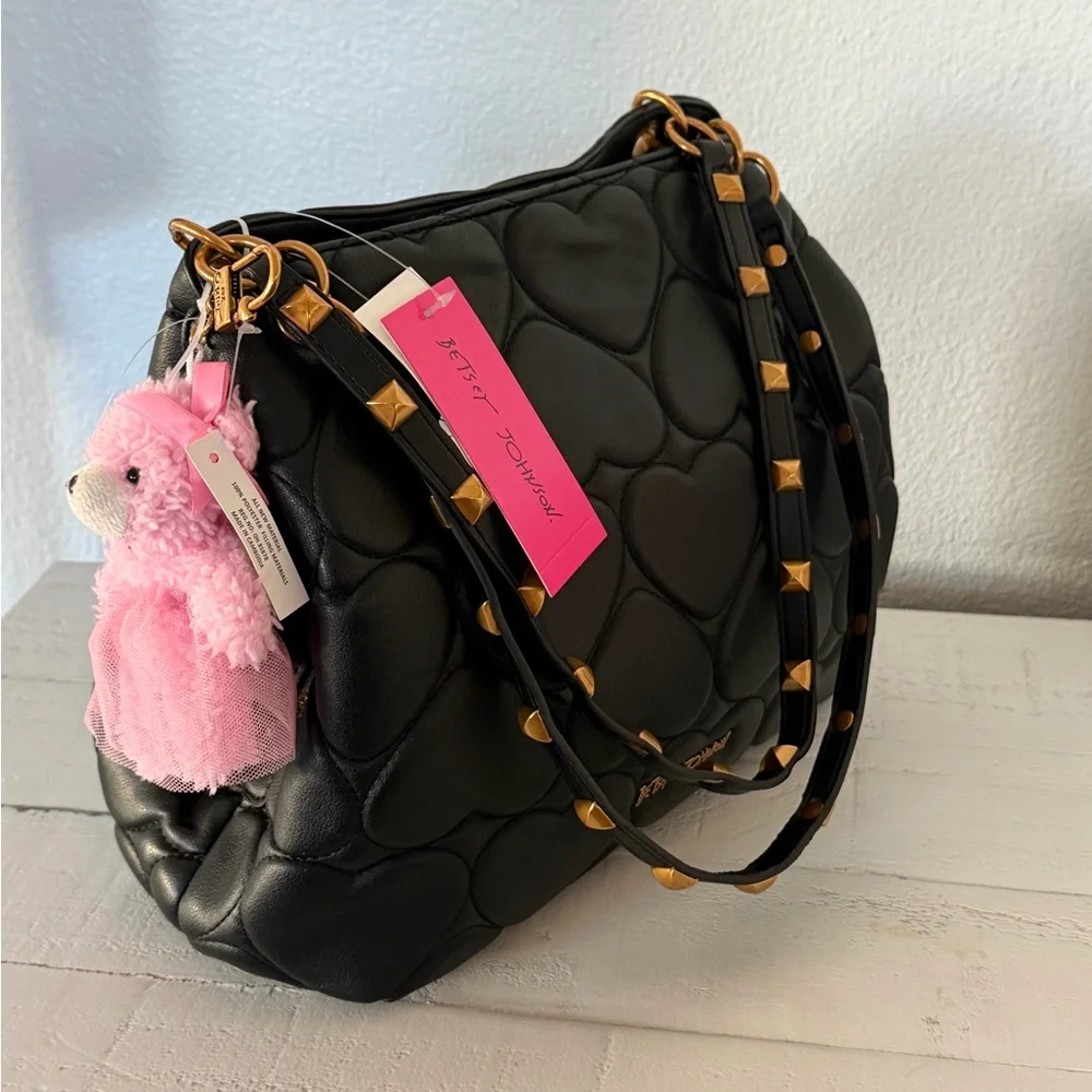 Betsey Johnson Xomia black heart quilted bag gold-tone hardware pink bear charm